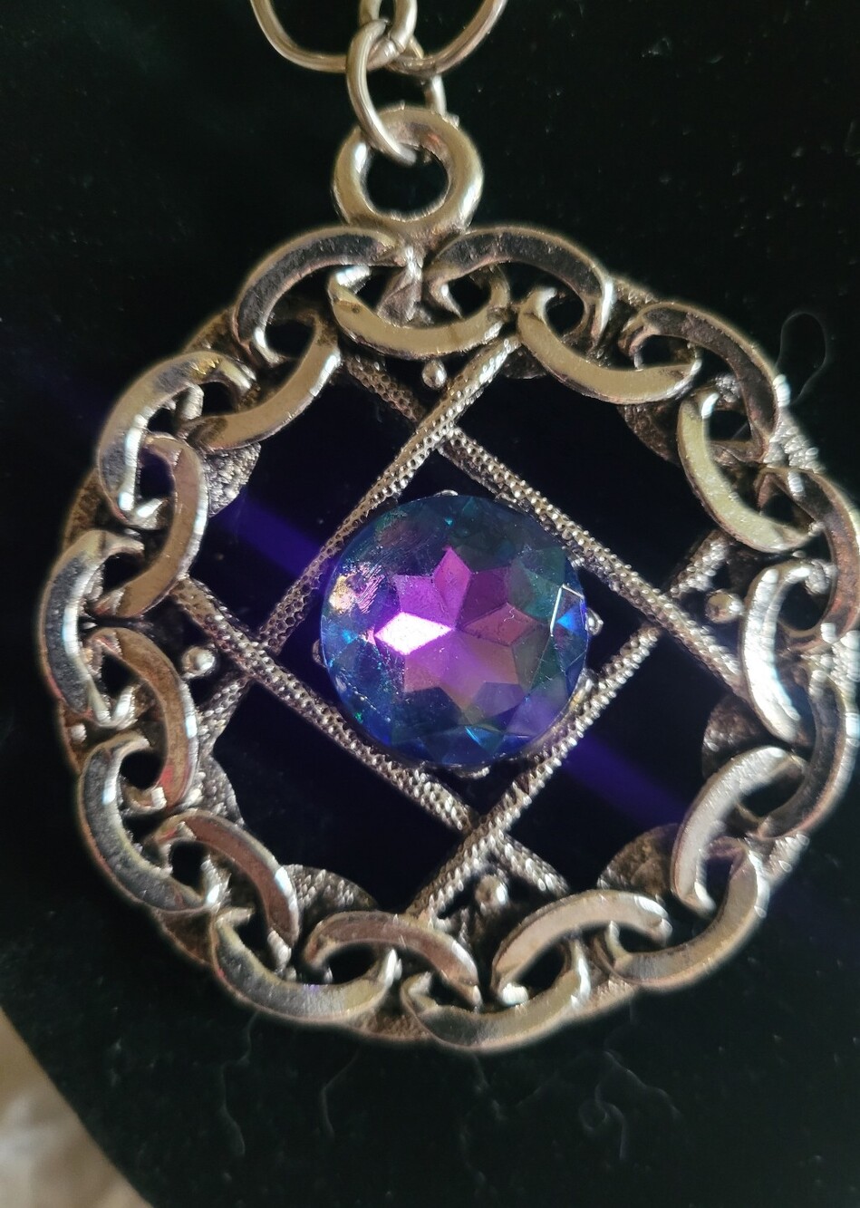 Silver-Tone Necklace with Purple-Blue Faceted Crystal Pendant